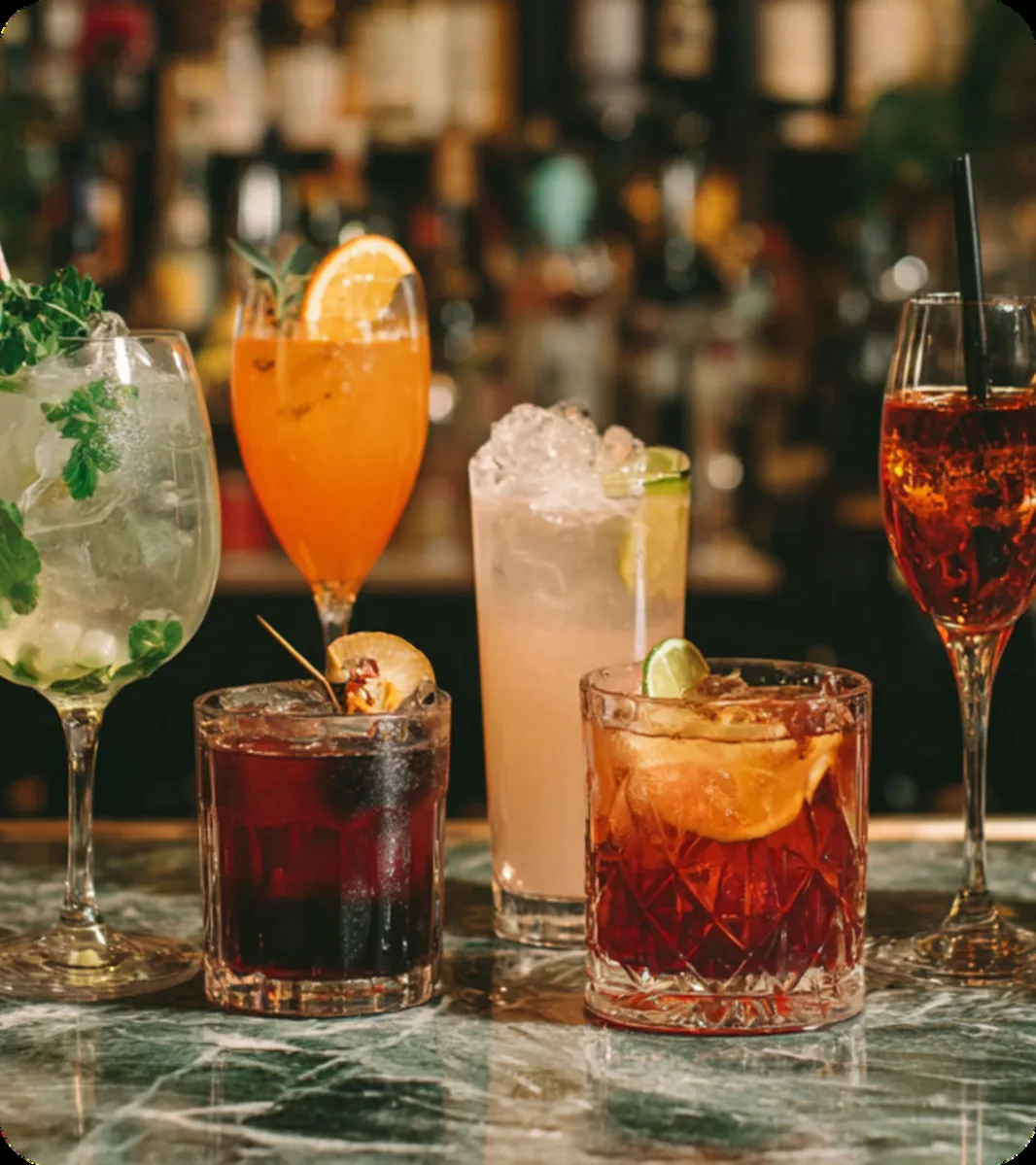 Cocktails italiens alignés sur un comptoir en marbre