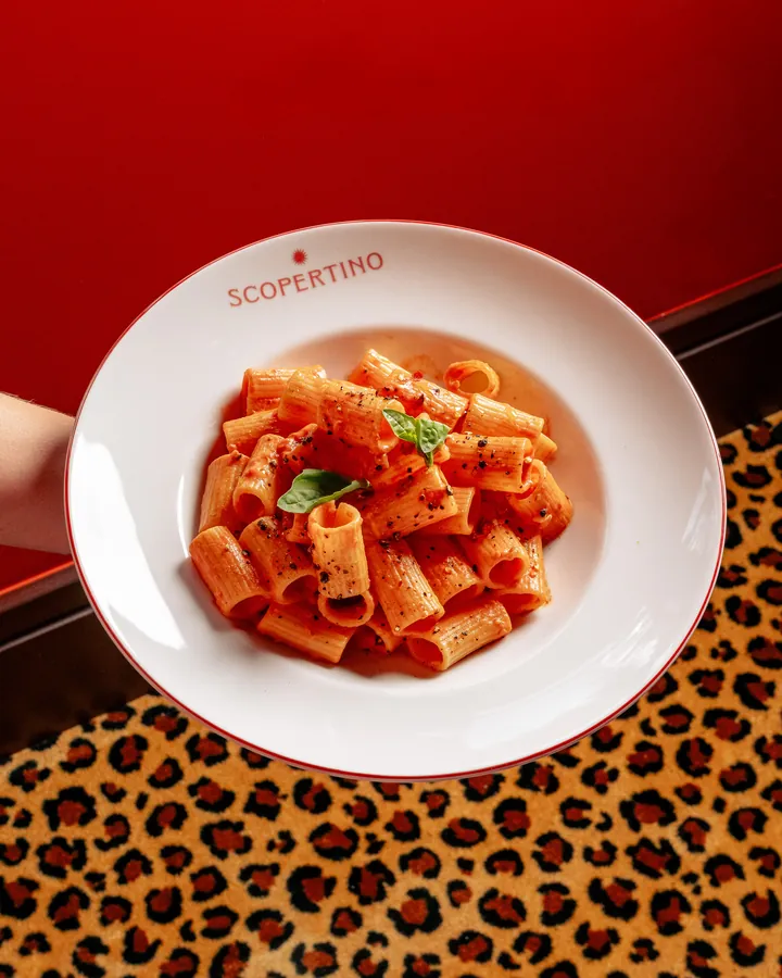 Rigatoni à la sauce tomate et au basilic dans une assiette Scopertino